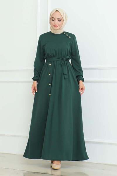 Genel Markalar Omuz Detaylı Düğmeli Elbise ZÜMRÜT YEŞİLİ
