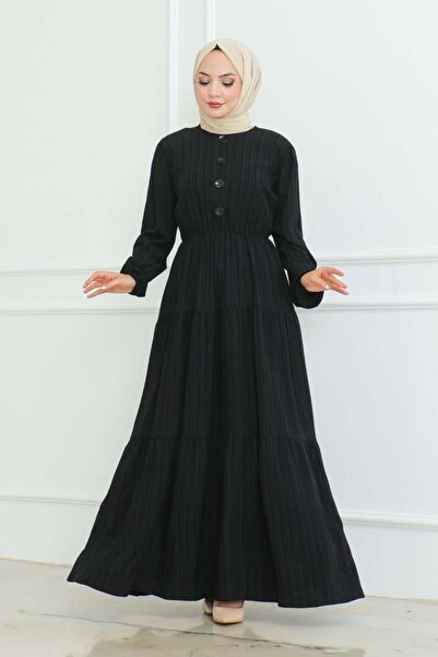 Genel Markalar Düğme Detaylı Kırınkıl Elbise SİYAH