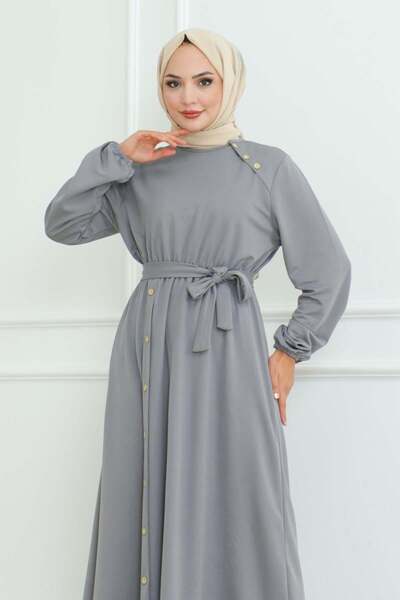 Buti Γκρι φόρεμα με λεπτομέρεια στον ώμο και κουμπιά