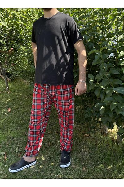 Betimoda Men's Red Green Square Pajama Bottoms - Tracksuit with Pockets and Elastic Waist