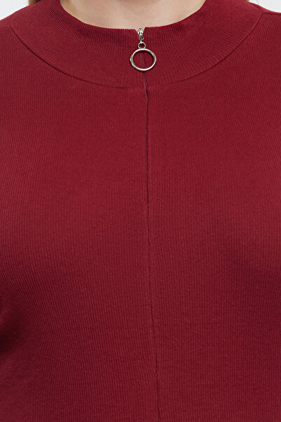 Trendyol Curve Μπλούζα με φερμουάρ μπορντό γιακά που εφαρμόζει στο σώμα Πλεκτή μπλούζα μεγάλου μεγέθους TBBAW25AF00019