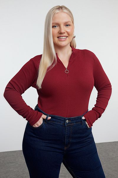 Trendyol Curve Bordová, stojačik, golier, bodysitting Košieľka Pletená blúzka nadmernej veľkosti Tbbaw25Af00019