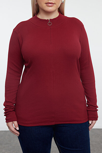 Trendyol Curve Μπλούζα με φερμουάρ μπορντό γιακά που εφαρμόζει στο σώμα Πλεκτή μπλούζα μεγάλου μεγέθους TBBAW25AF00019