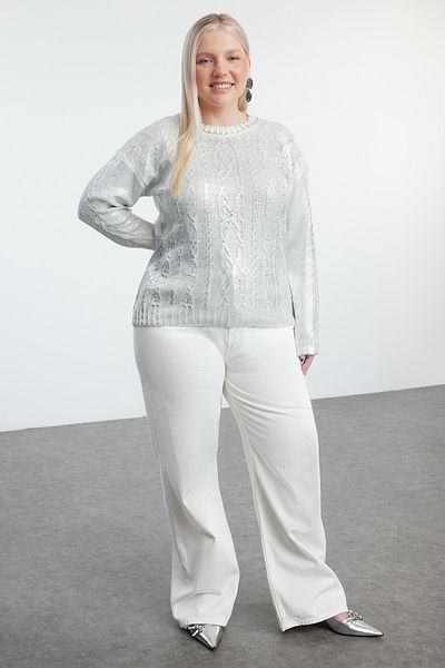 Trendyol Curve Silver Crop Knitwear Sweater with Hair Braid - TBBAW25AN00006