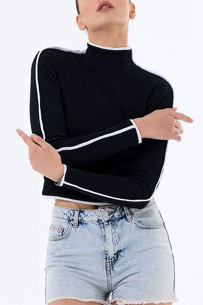 Edit by Trendyol Flexible Corded Black Knitted Blouse - Fitting on the Body, Color Block TEDAW25BZ00005