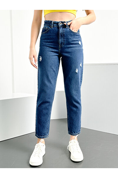 HLT JEANS Mavi Yıpratma Kadın Likralı Mom Jean Yüksek Bel Esnek Kot Pantolon ANNA-MAVİYPT
