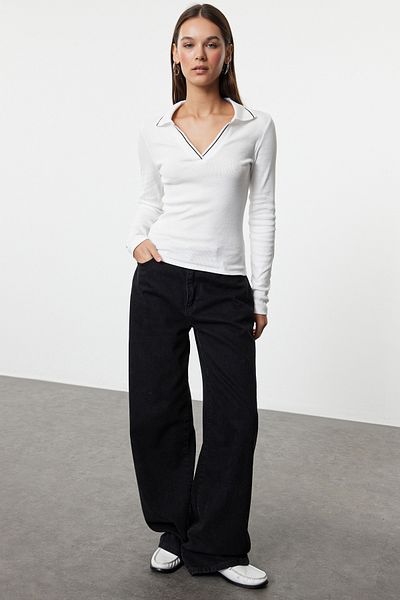 Trendyol Collection Ευέλικτη Πλεκτή Μπλούζα με Κορδόνι - Εκρού Πλεκτό Γιακά Λεπτομέρεια, Σώμα Εφαρμοσμένο TWOAW25BZ00121