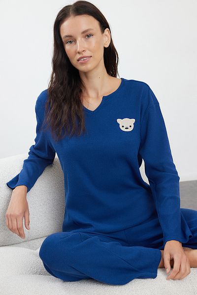 Trendyol Collection Námořnická modrá bavlněný medvídek, žebrovaný, pletený pyžamový set Thmaw25Pt00024