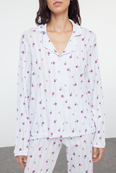 Trendyol Collection 100% bavlna Bílá sada pyžama s květinovým vzorem - Thmaw25pt00057