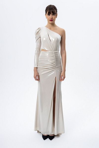 Sarı Etiket One Shoulder Glitter Draped Dress