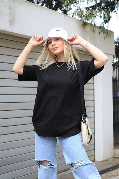 Pink Sky Tricou negru oversize pentru damă, cu gât crew