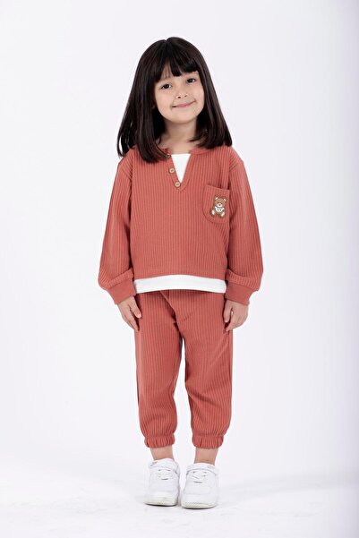 zepkids Girl - Brick Colored Crew Neck Long Sleeve Tracksuit Set, Embroidered Garnished Waist Packet