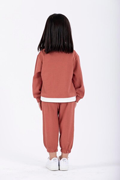 zepkids Girl - Brick Colored Crew Neck Long Sleeve Tracksuit Set, Embroidered Garnished Waist Packet