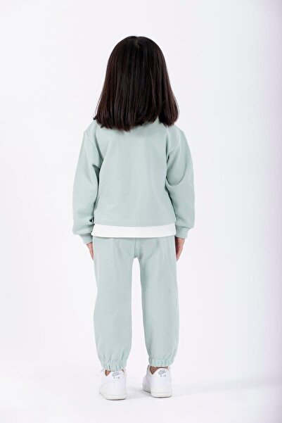 zepkids Mint Colored Girl's Tracksuit Set - Crew Neck, Long Sleeve, Teddy Bear, Embroidered Garnished Waist Paca