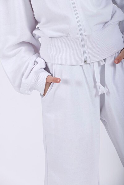 zepkids Hooded Long Sleeve Loose Cut White Color Girl's Tracksuit Set