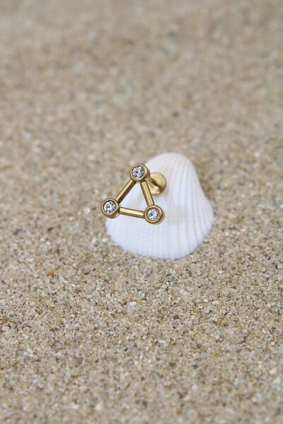 NOBLE GETTO Piercing Cerrahi Çelik Piercing Zirkon Taşlı Kıkırdak Tragus Conch Helix Gold Renk Üç Taş Üçgen