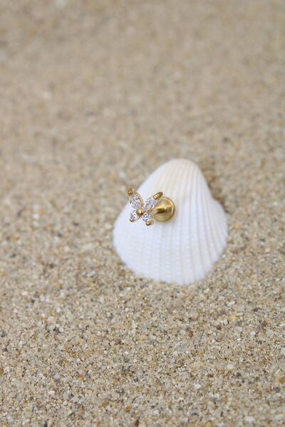 NOBLE GETTO Piercing Cerrahi Çelik Piercing Zirkon Taşlı Kıkırdak Tragus Conch Helix Gold Renk Taşlı Kelebek