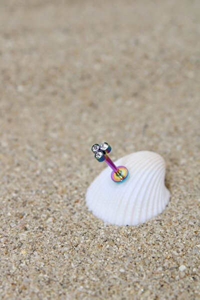 NOBLE GETTO Piercing Cerrahi Çelik Piercing Zirkon Taşlı Kıkırdak Tragus Conch Helix Gökkuşağı Renk Üç Taşlı