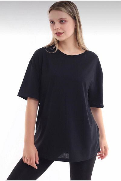 Pink Sky Boyfriend Cut Unisex Μαύρο Πλεκτό Oversize T-shirt - Crew Neck