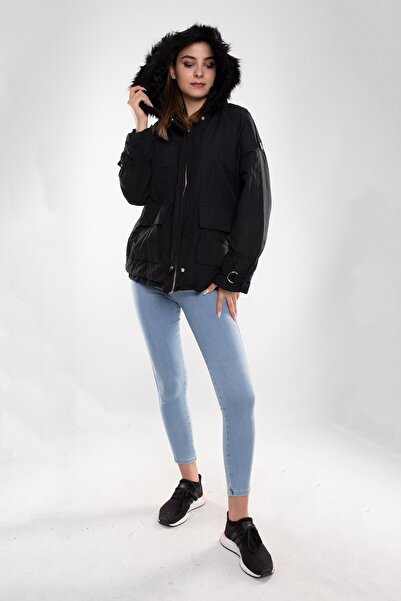 Robin D89851 Içi Kürklü Kol Büzgülü Kapşonlu Kadın Mont