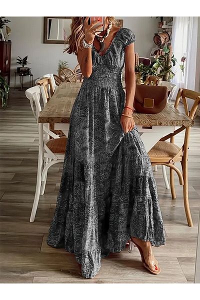 ADEN AKBEL V-Neck Elastic Patterned Women's Maxi Dress - Short Sleeve Single Jersey Model
