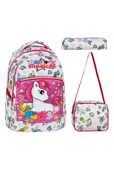 Just Polo 3'lü Okul Seti, Unicorn Desenli Ilkokul Çantası Beslenme Çantası Ka...