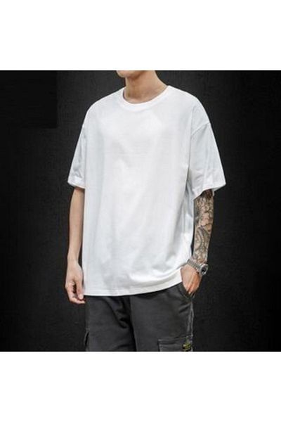 Pink Sky Λευκό μπλουζάκι Oversize - Απλό Crew Neck, Ανδρικό