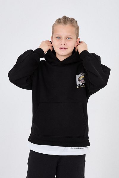 The Champ Clothing Унисекс детски суитшърт с качулка и черен принт Intense Feelings