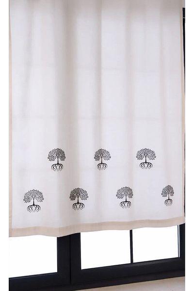pamukidea Tree of Life Printed 100% Cotton Linen Summer Curtain - Balcony and Wooden Stone Detailed