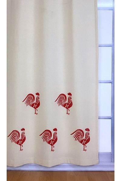 pamukidea Red Cock Pattern Printed Cotton Linen Summer Curtain - Wooden Stone Printed Buldan Curtain