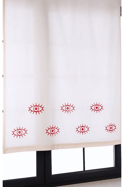 pamukidea Red Eye Patterned 100% Cotton Linen Summer Curtain - Wooden Stone Printed for Balcony and Buldan