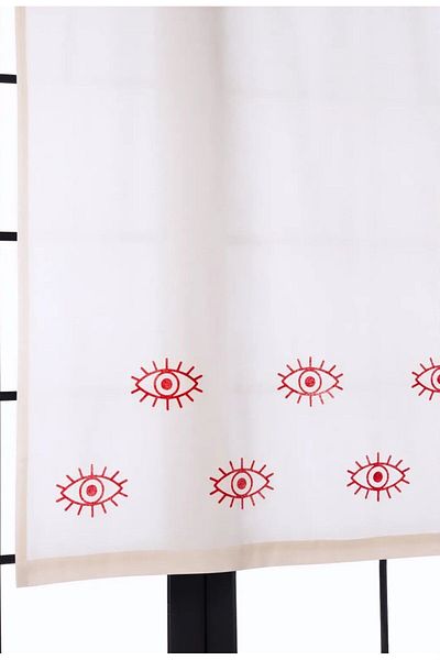 pamukidea Red Eye Patterned 100% Cotton Linen Summer Curtain - Wooden Stone Printed for Balcony and Buldan