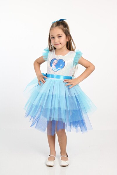 Derya Bebek Butik Elsa Elbise Pullu Tokalı Elsa Kostüm Tüllü Mavi