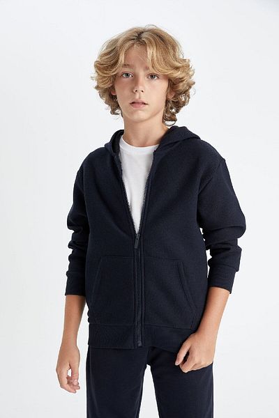 DeFacto Navy Blue Cardigan for Boys - Hooded, Plain Zipper, Pockets X5844A624Au