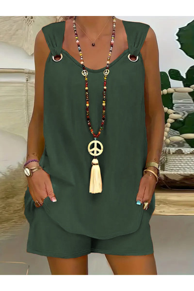 JANES V-Neck Bird Eye Detailed Blouse and Short Aerobin Set - Zero Sleeve