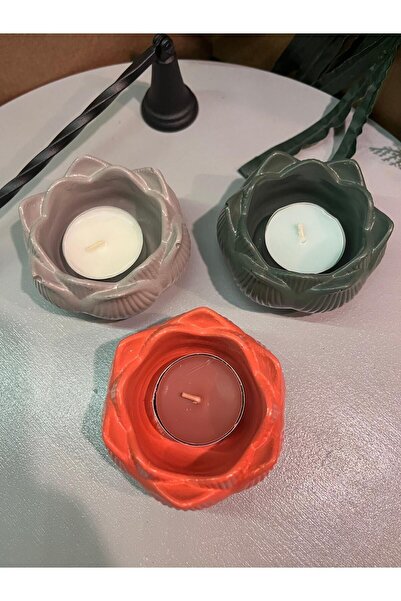 ROSES SHOP Lotus Çiçeği Dekoratif Mumluk 3'lü Set (boyalı Ve Cilalı )