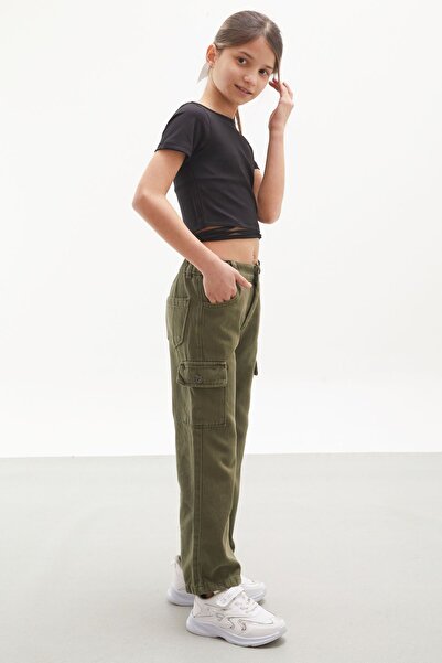 Cansın Mini Καφέ Cargo Pocket Wide Leg Κοριτσίστικο Jean Παντελόνι 18116