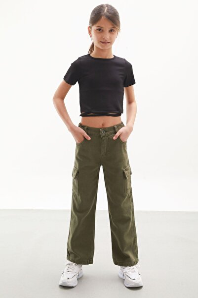 Cansın Mini Καφέ Cargo Pocket Wide Leg Κοριτσίστικο Jean Παντελόνι 18116