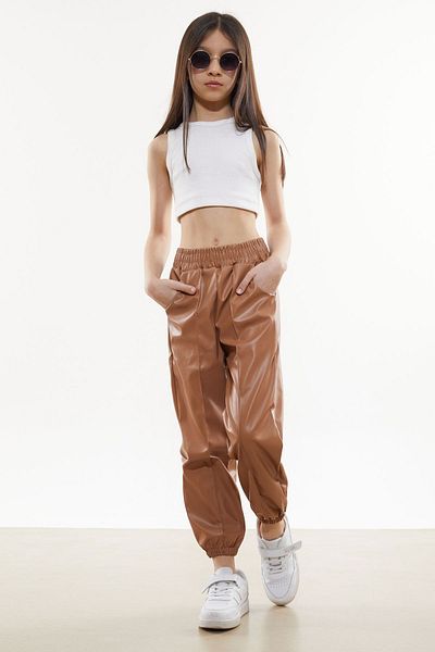 Cansın Mini Brown Elastic Waist Jogger Model Girl Leather Trousers 18051