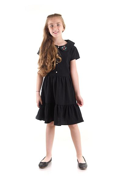 AHENGİM Besticktes Kleid für Mädchen – geknöpfter Kragen, Baumwolle AK2523