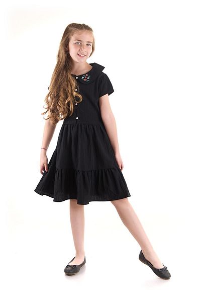 AHENGİM Besticktes Kleid für Mädchen – geknöpfter Kragen, Baumwolle AK2523