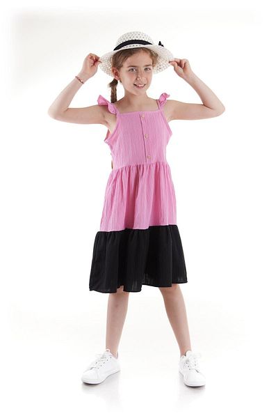 AHENGİM Sommerkleid für Mädchen mit Knöpfen und Mütze Ak2516