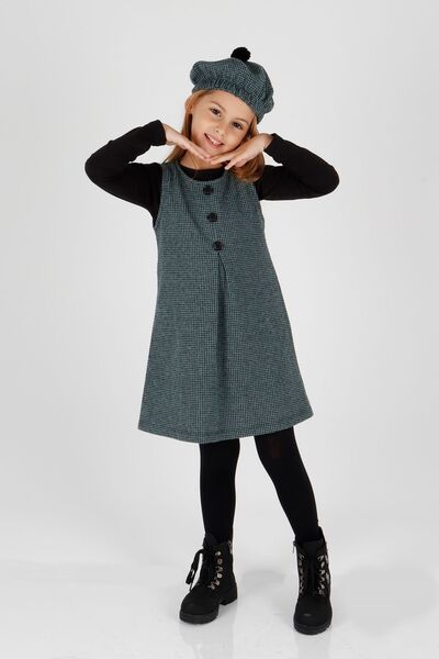 AHENGİM Girl's Hat Dress - 3 Piece Set, Button Detail, Ak2403