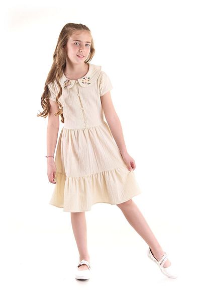 AHENGİM Besticktes Kleid für Mädchen – geknöpfter Kragen, Baumwolle AK2523