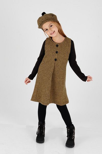 AHENGİM Girl's Hat Dress - 3 Piece Set, Button Detail, Ak2403