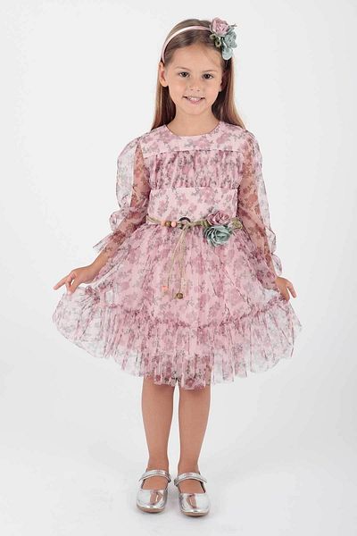 AHENGİM Girl's Floral PrinTed Tulle BelTed Dress - Ak2202