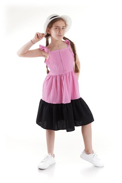 AHENGİM Dívčí letní šaty s knoflíky a kloboukem Ak2516