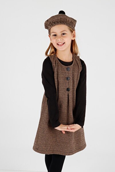 AHENGİM Girl's Hat Dress - 3 Piece Set, Button Detail, Ak2403
