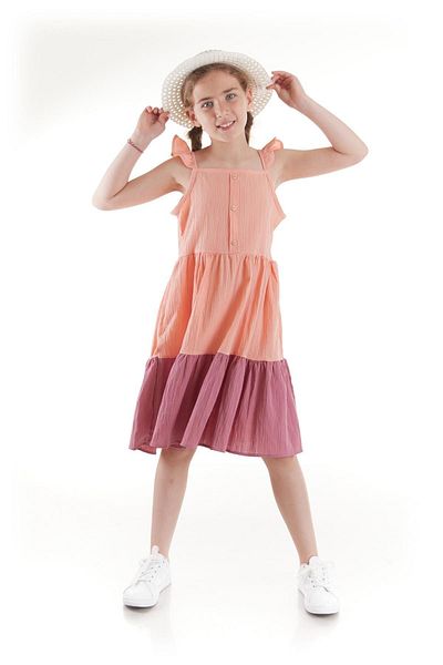 AHENGİM Girl's Summer Dress with Buttons and Hat Ak2516