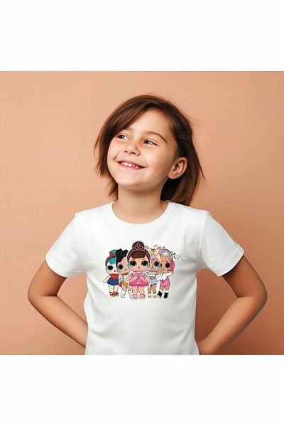 Pink Sky Fete - Tricou alb cu decolteu, imprimeu Lol Doll, mânecă scurtă din bumbac